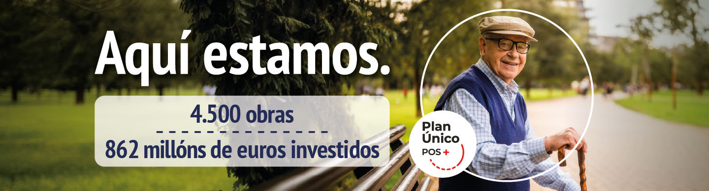 Aquí estamos. Na Deputación da Coruña estamos onde temos que estar con 4500 obras e 862 millóns de euros investidos. Plan Único POS+. Foto dun avó sentado nun banco.