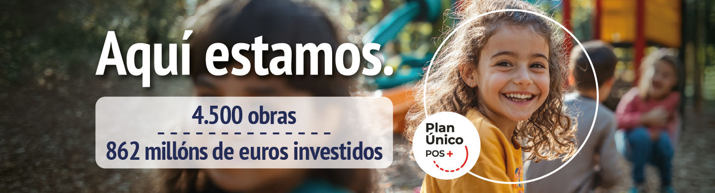 Aquí estamos. Na Deputación da Coruña estamos onde temos que estar 4500 obras e 862 millóns de euros investidos. Plan Único POS+. Foto dunha nena no parque.